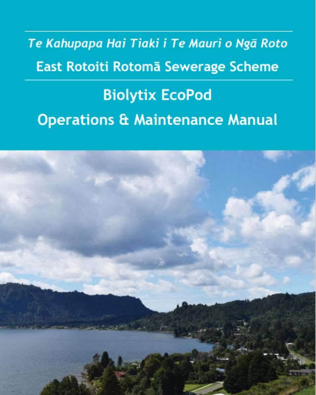 The biolytix EcoPod operations and maintenance manual with a picture of lake Rotoiti
