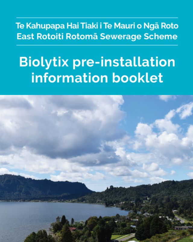 The biolytix pre-installation booklet with a picture of lake Rotoiti