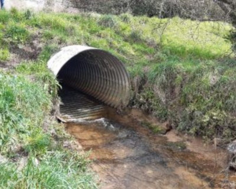 A large pipe protruding from the side of a grassy bank with a small stream coming out