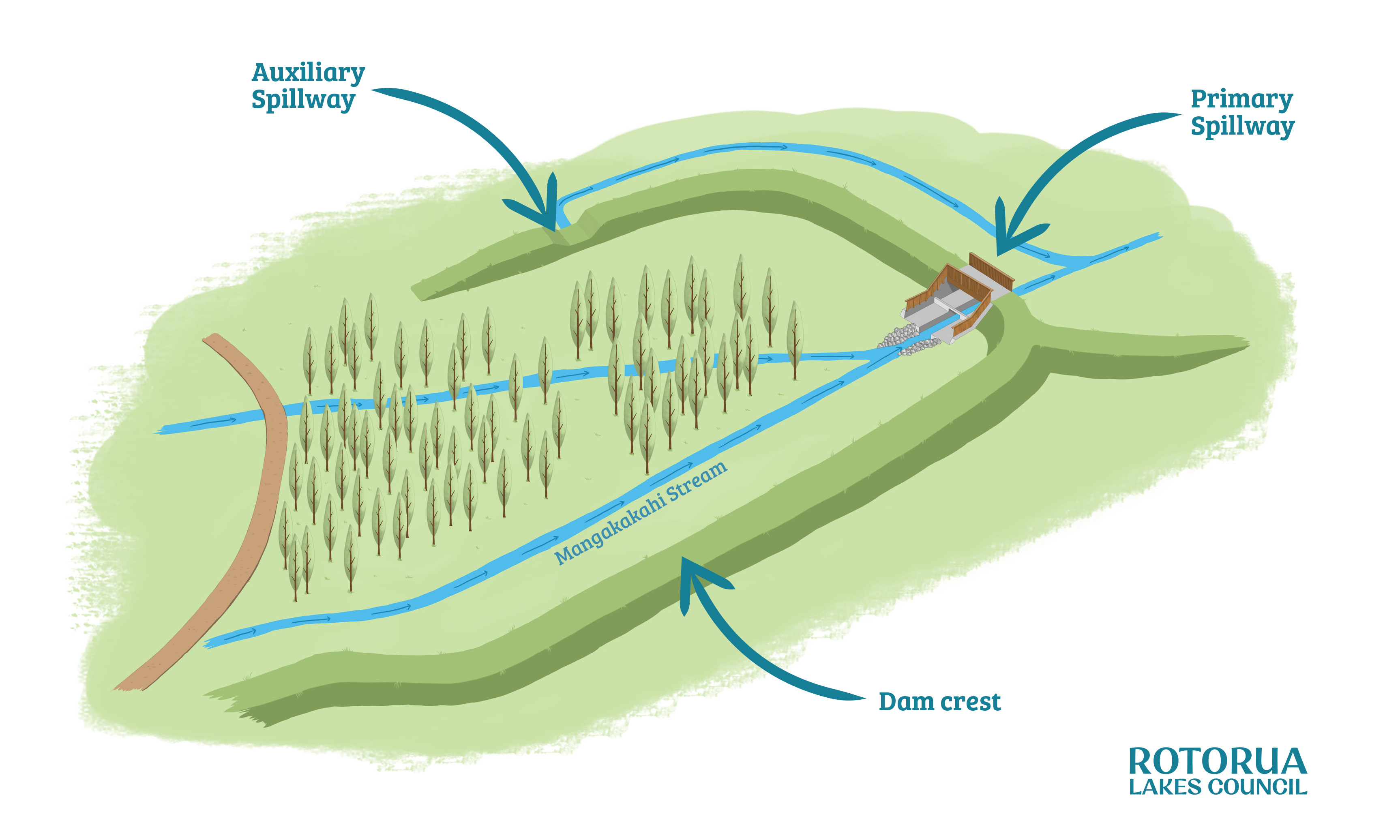 Illustration showing a stream, trees a path and the Linton Park dam