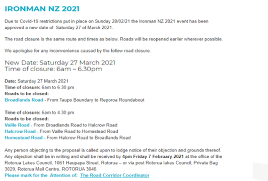 Proposed road closure, Ironman NZ 2021